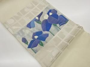 紗 格子に抽象菖蒲模様織出し名古屋帯